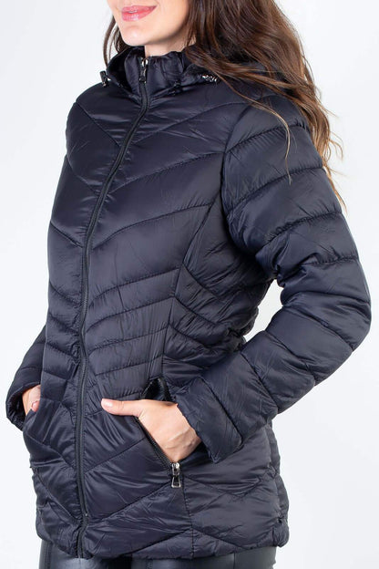Jaqueta feminina de nylon alongada com capuz 80236